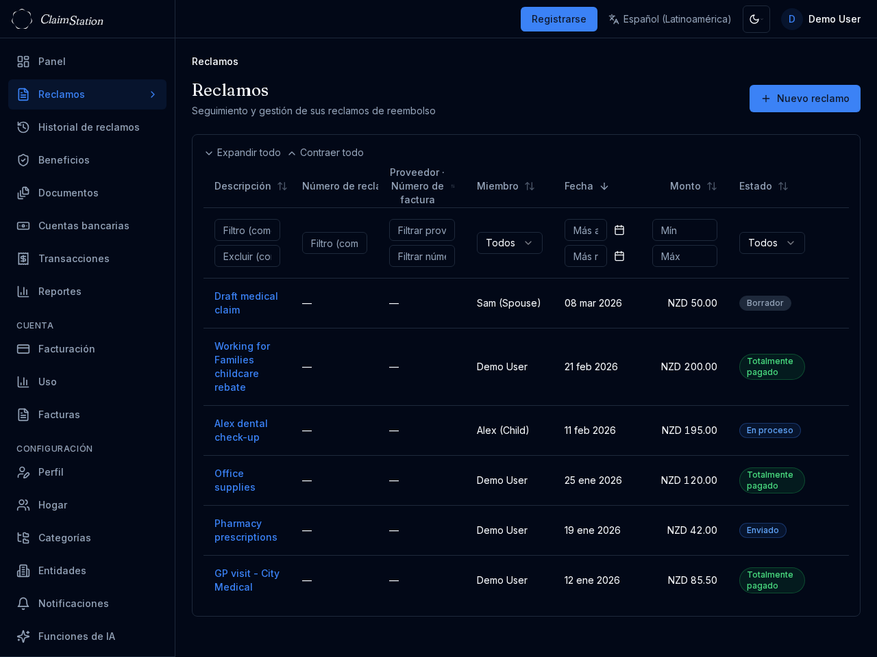 Lista de reclamos de ClaimStation